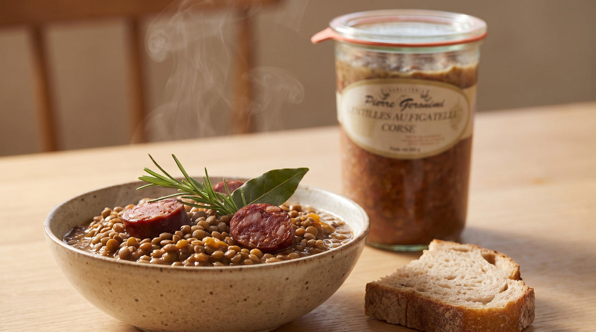 Lentilles au figatellu L'Aziana en assiette, plat cuisiné artisanal de Bastelica