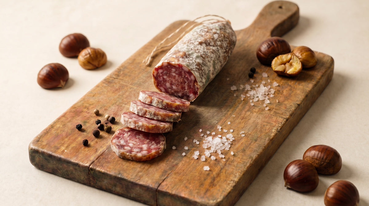 Saucisson à la châtaigne artisanal L'Aziana tranché et châtaignes, charcuterie de Bastelica